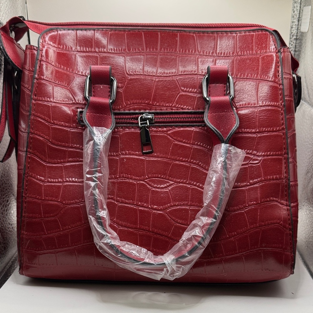 Elegant Red Crocodile-Embossed Handbag